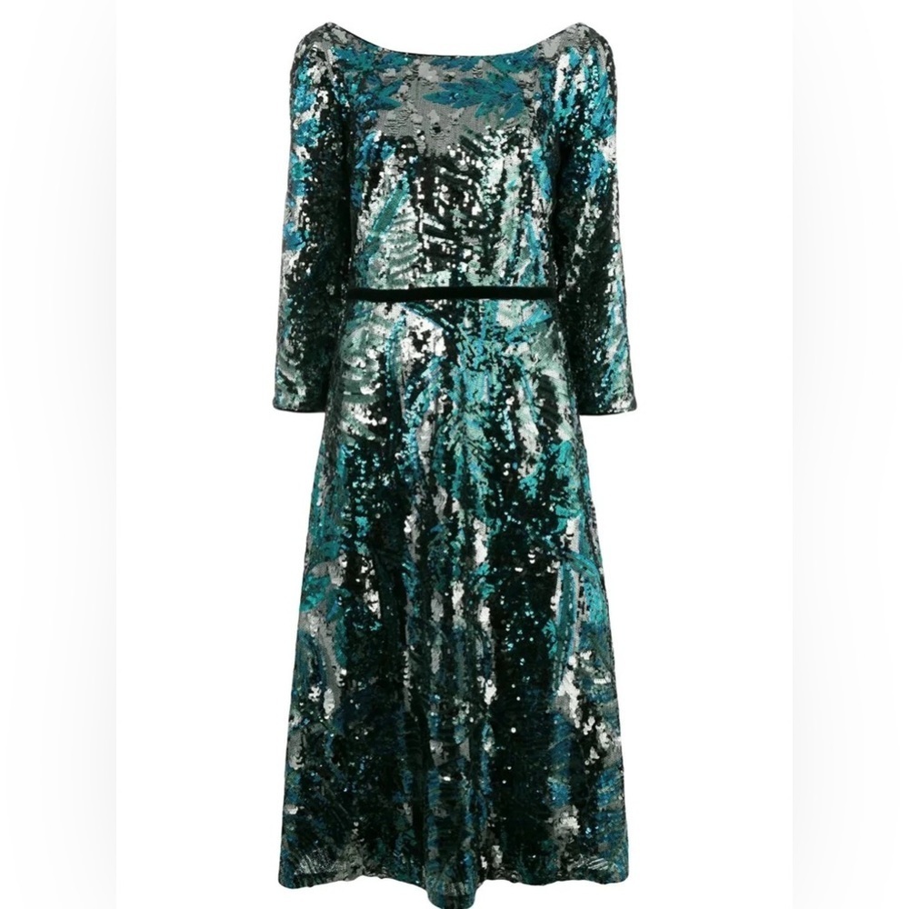 Marchesa Notte Womens Sequin Peacock Green Blue Formal Midi Tea Gown size 6